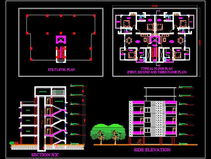 Multi-family Residential Building Design G+3  (25x20m)- AutoCAD DWG